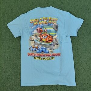 Outer Banks North Carolina Crab House Funny Food Graphic Light Blue T Shirt Sz M